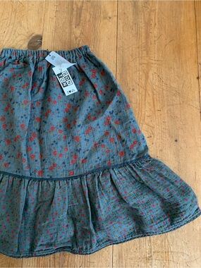 Bonton Blue Skirt with Red Floral Print